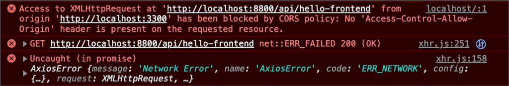 Image 3: CORS error in the console of the developer tools.